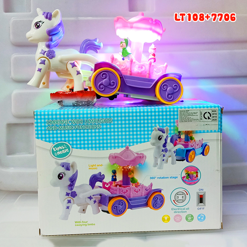 Mô hình ngựa Pony kéo xe có đèn nhạc cho bé