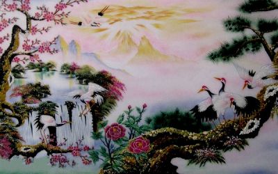 Tranh đá quý tùng hạc hoa đào