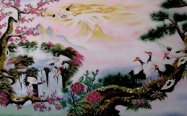 Tranh đá quý tùng hạc hoa đào