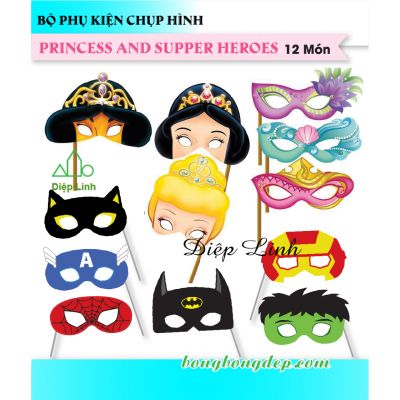 Bộ phụ kiện mặt nạ Selfie chụp hình 12 món Princes and Super Heroes