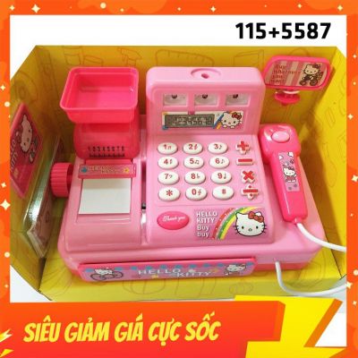 Hộp đồ chơi mô hình máy tính tiền siêu thị đi chợ Hello Kitty màu quét thẻ hiệu ứng nhạc tiếng bíp, mở ngăn tủ,kéo giấy 