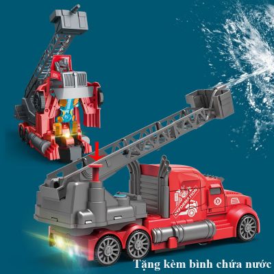 Đồ chơi xe chữa cháy cứu hỏa biến hình Robot phun nước có nhạc có đèn