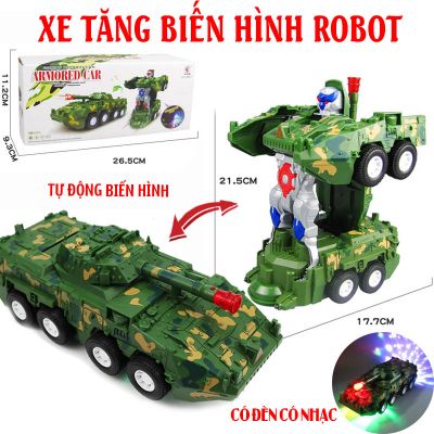 Đồ chơi trẻ em xe tăng biến hình robot tự động có đèn và nhạc