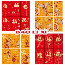 Set 6 Bao Lì Xì Đỏ, Lì Xì Tết In Chữ Nổi Ép Kim 3D  May Mắn Cho Lễ Hội Năm Mới Giáp Thìn 2024