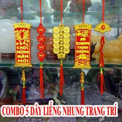 Combo 5 Liễng Nhung Treo Trang Trí Tết, Liễng Treo Mai-Đào-Quất, Phụ Kiện Trang Trí Tết Tài Lộc Mèo Thần Tài Bánh Trưng 