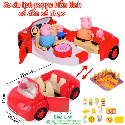 Hộp đồ chơi gia đình heo Peppa xe đỏ dã ngoại biến hình quầy bánh