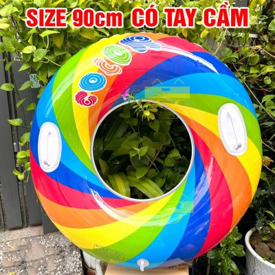 Phao bơi tròn 7 sắc cầu vồng 90cm có tay cầm chắc chắn cho bé và người lớn