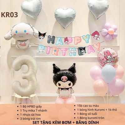 (TẶNG KÈM BƠM + KEO) Set bóng trang trí sinh nhật chủ đề Kuromi Melody đầy đủ phụ kiện như hình KRM03