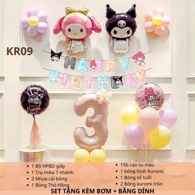 (TẶNG KÈM BƠM + KEO) Set bóng trang trí sinh nhật chủ đề Kuromi Melody đầy đủ phụ kiện như hình KRM09