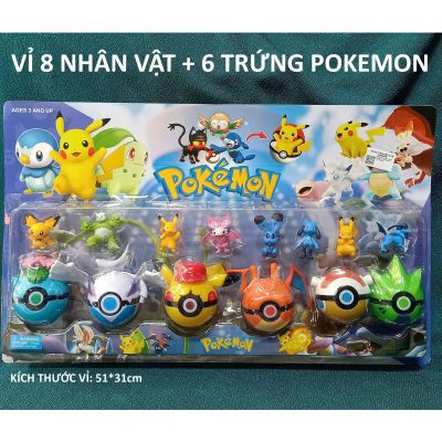 Vỉ đồ chơi set 6 trứng và 8 nhân vật pokemon 