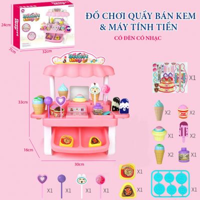 (ẢNH THẬT) Bộ Đồ Chơi Quầy Bán Kem Kèm Máy Tính Tiền Siêu Thị Có Đèn Có Nhạc Cho Bé Kèm Phụ Kiện