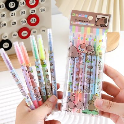 Set 6 Bút đánh dấu highlight Capybara Labubu dạ quang 2 đầu, bút viết 6 màu ghi chú đánh dấu học tập