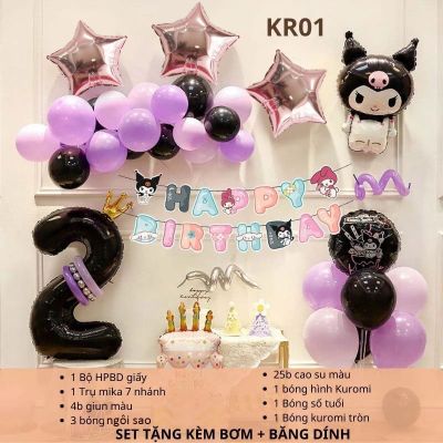 (TẶNG KÈM BƠM + KEO) Set bóng trang trí sinh nhật chủ đề Kuromi Melody đầy đủ phụ kiện như hình KRM01