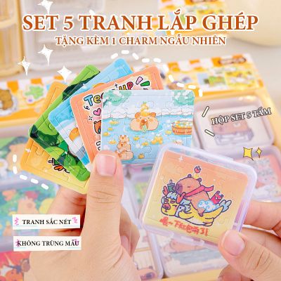  [TẶNG KÈM 1 CHARM] Hộp 5 tấm lắp ghép không trùng mẫu Capybara - Tranh lắp ráp mini đánh yêu cho bé