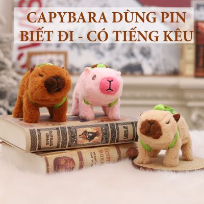  Đồ chơi chăm sóc thú cưng capybara đeo balo Lồng thỏ mèo chó bông biết đi kêu vẫy đuôi kèm phụ kiện