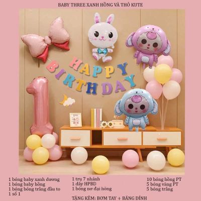 [MẪU MỚI] Full Set Bong Bóng Trang Trí Sinh Nhật Baby Three Thỏ Cho Bé Phụ Kiện Decor Tiệc Đơn Giản BB3 Xanh Hồng & Thỏ