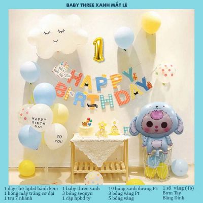 [MẪU MỚI] Full Set Bong Bóng Trang Trí Sinh Nhật Baby Three Thỏ Cho Bé Phụ Kiện Decor Tiệc Đơn Giản BB3 Xanh Mắt Lé