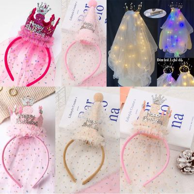 Cài tóc hình vương miện kèm khăn voan phong cách công chúa đáng yêu cho bé gái tiệc sinh nhật