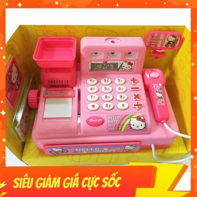 Hộp đồ chơi mô hình máy tính tiền siêu thị đi chợ Hello Kitty màu quét thẻ hiệu ứng nhạc tiếng bíp, mở ngăn tủ,kéo giấy 