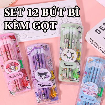 Set 12 Bút Chì Gỗ Kuromi Melody Cinamoroll Kèm Tẩy Tặng Gọt Đệm Tay, Bút Chì Gọt 2B/HB Cho Học Sinh