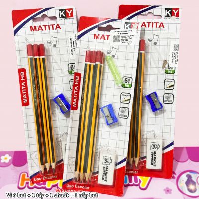 Set 6 bút chì HB kèm tẩy gọt và nắp bút Bút học sinh cho bé