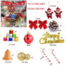 Túi 21 phụ kiện trang trí, nơ, trái châu loại đẹp Cao Cấp trang trí Noel giáng sinh, phụ kiện trang trí cây thông