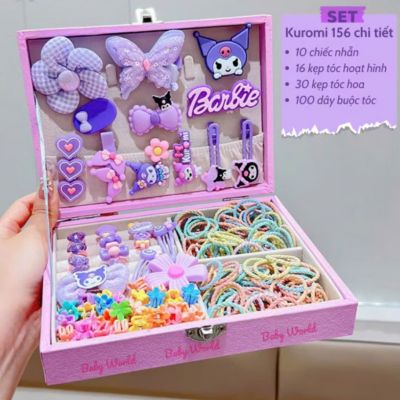 Hộp Buộc Tóc kẹp tóc 156 món Chủ đề Sanrio Kuromi Melody Cinnamoll cho bé Quà tặng bé